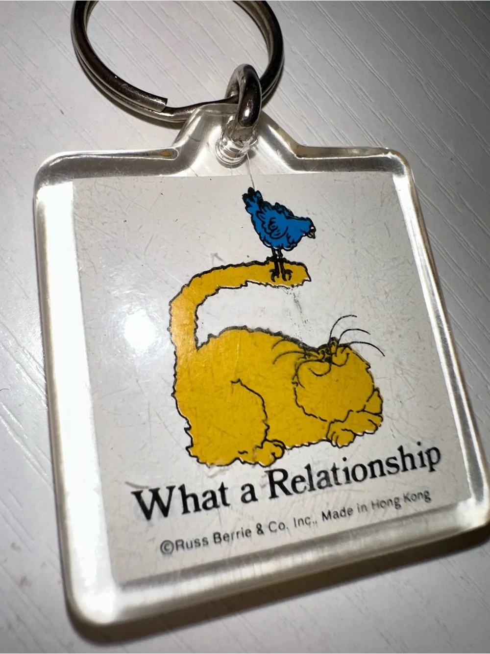 Vtg “What a Relationship” Cat & Bird Keychain